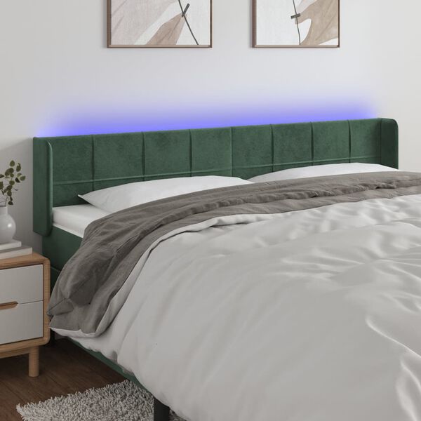 vidaXL Tăblie de pat cu LED, verde &icirc;nchis, 163x16x78/88 cm, catifea