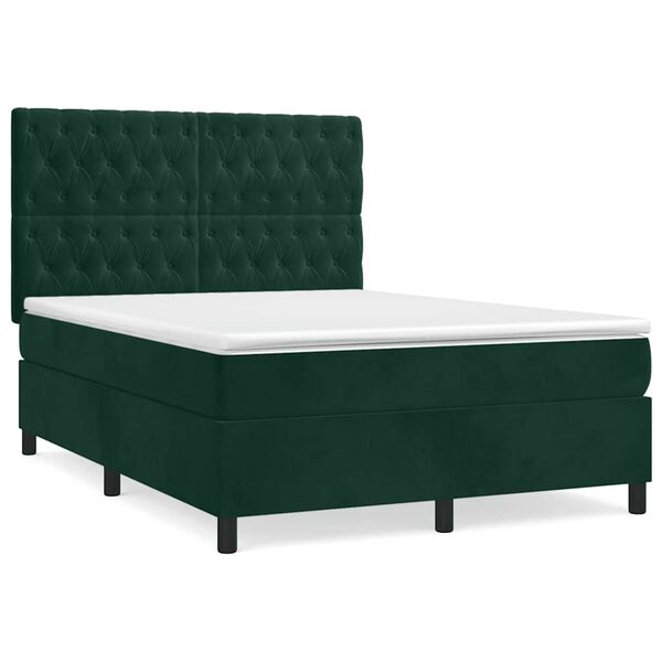 vidaXL Pat box spring cu saltea, verde &icirc;nchis, 140x190 cm, catifea