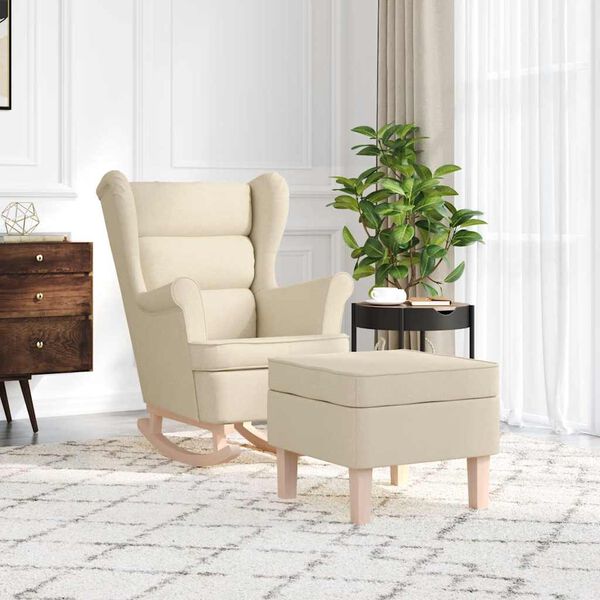 vidaXL Scaun balansoar cu taburet, crem, material textil