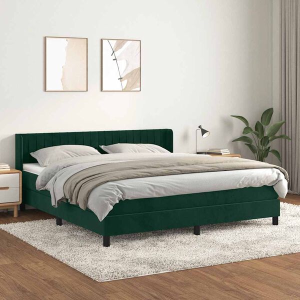 vidaXL Pat box spring cu saltea, verde &icirc;nchis, 180x200 cm, catifea