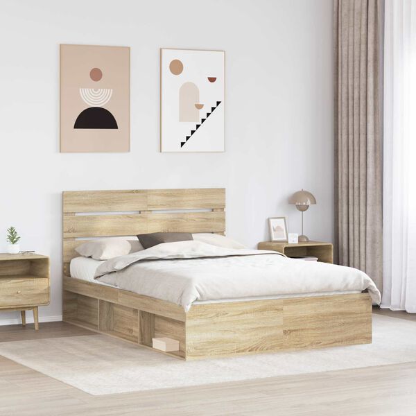 vidaXL Cadru de pat cu headboard Sonoma 140 x 190 cm Lemn de pin masiv