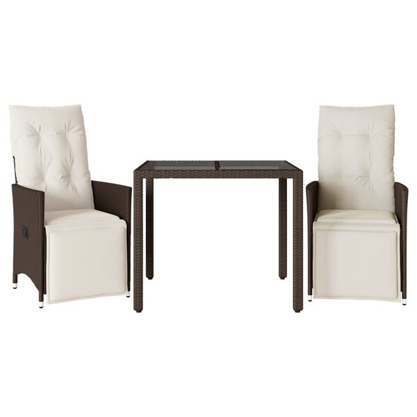 vidaXL Set bistro de grădină, 3 piese, cu perne, maro, poliratan