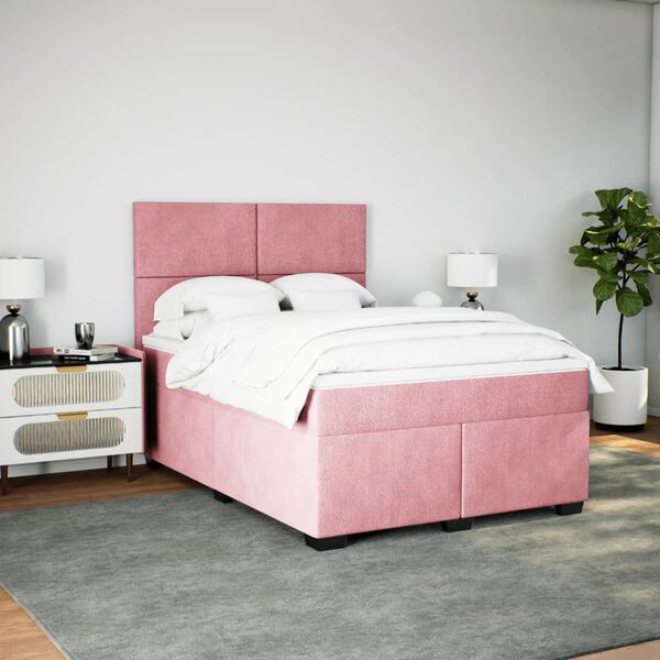 vidaXL Pat box spring cu saltea, roz, 160x200 cm, catifea