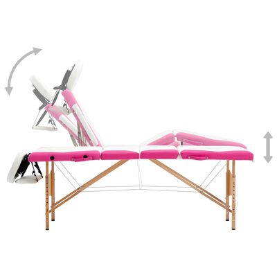 vidaXL Masă pliabilă de masaj, 4 zone, alb și roz, lemn