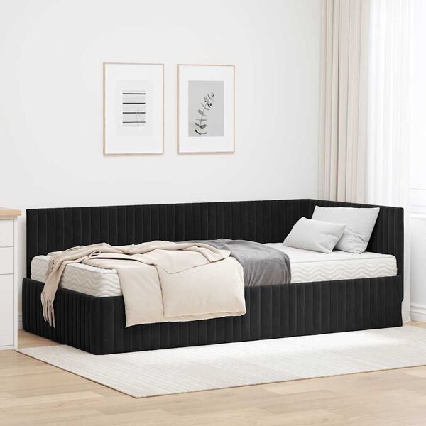 vidaXL Cadru de pat colțar cu saltea cu headboard 2 pcs Negru Catifea