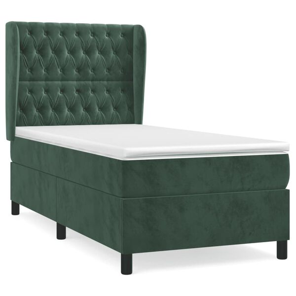 vidaXL Pat box spring cu saltea, verde &icirc;nchis, 90x190 cm, catifea