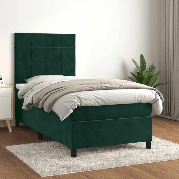 vidaXL Pat box spring cu saltea, verde &icirc;nchis, 80x200 cm, catifea