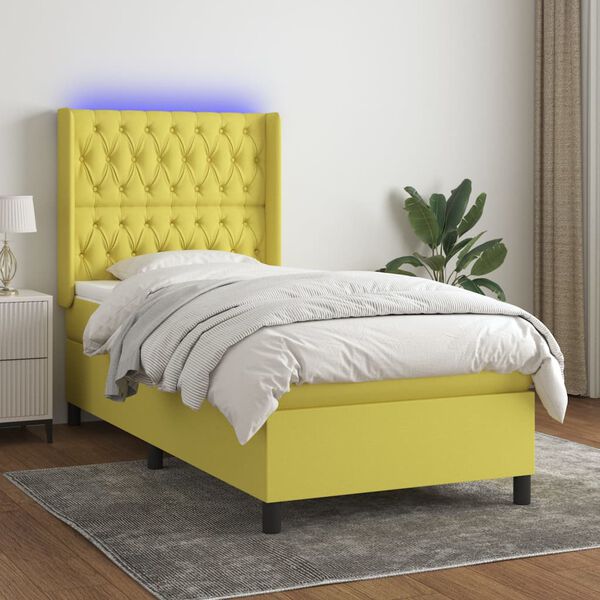 vidaXL Pat cu arcuri, saltea și LED, verde, 100x200 cm, textil