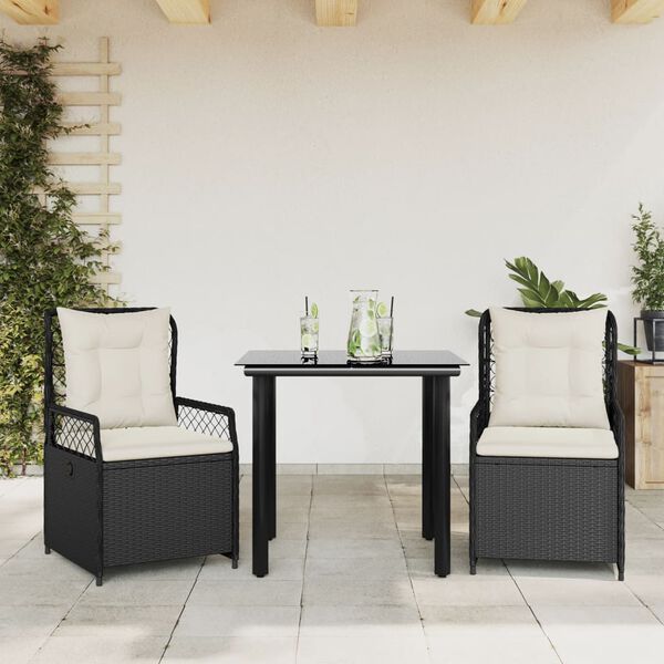 vidaXL Set mobilier de grădină cu perne, 3 piese, negru, poliratan