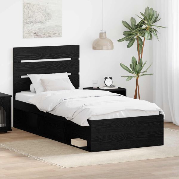 vidaXL Cadru de pat cu headboard Negru 90 x 190 cm Lemn de pin masiv