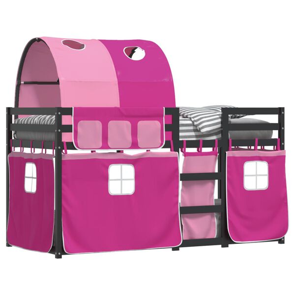 vidaXL Pat supraetajat cu perdele, roz, 80x200 cm, lemn masiv pin