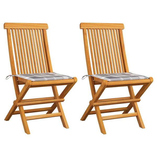 vidaXL Scaune grădină, perne gri model carouri, 2 buc, lemn masiv tec