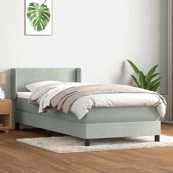 vidaXL Pat box spring cu saltea, gri deschis, 90x210 cm, catifea