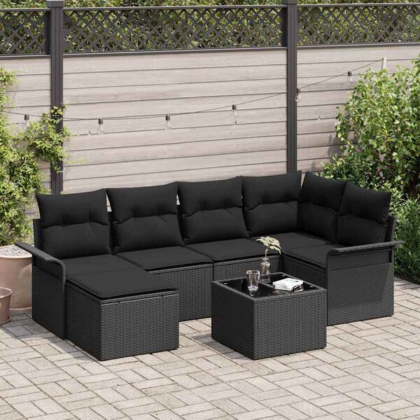 vidaXL Set de canapele pentru grădină cu pernă 7 pcs Negru poliratan