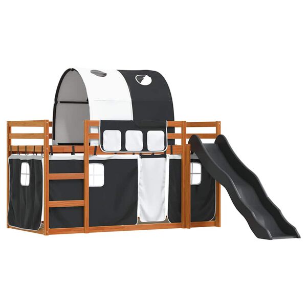 vidaXL Pat supraetajat cu tobogan și perdele, alb și negru, 80x200 cm