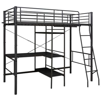 vidaXL Cadru de pat supraetajat cu masă, negru, 90 x 200 cm, metal