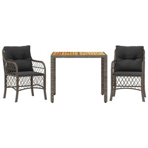 vidaXL Set bistro de grădină cu perne, 3 piese, gri, poliratan