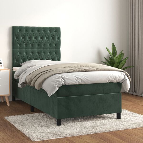 vidaXL Pat box spring cu saltea, verde &icirc;nchis, 100x200 cm, catifea