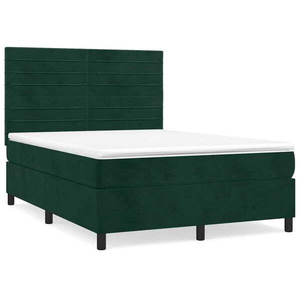 vidaXL Pat box spring cu saltea, verde &icirc;nchis, 140x190 cm, catifea