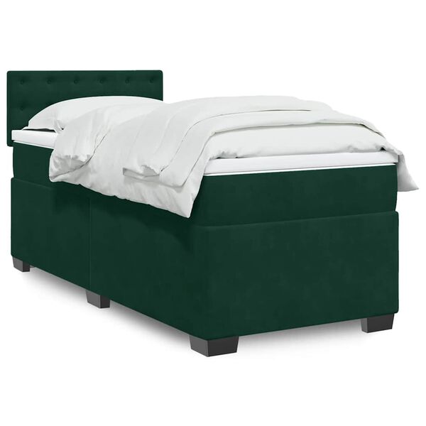 vidaXL Pat box spring cu saltea, verde &icirc;nchis, 90x200 cm, catifea