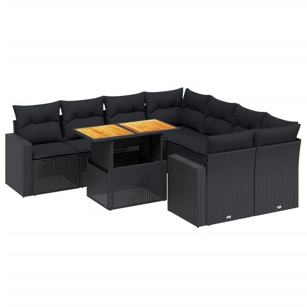vidaXL Set mobilier de grădină cu perne, 9 piese, negru, poliratan