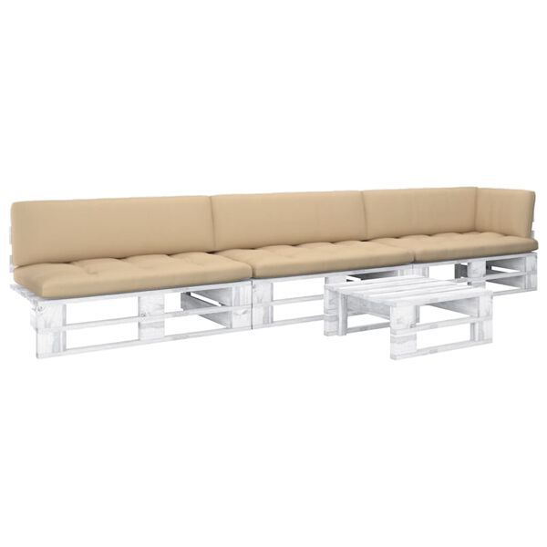 vidaXL Set mobilier din paleți cu perne, 4 piese, alb, lemn pin tratat