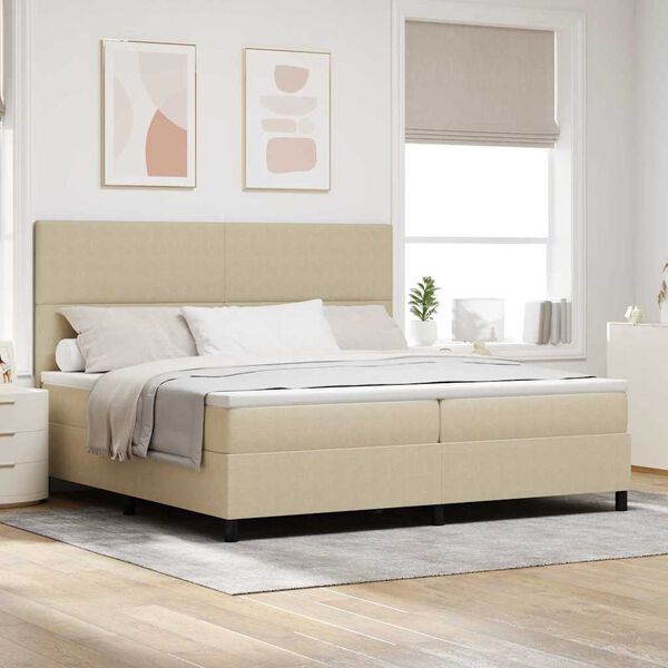 vidaXL Pat cu arcuri cu headboard Gri deschis și alb. 200 x 200 cm