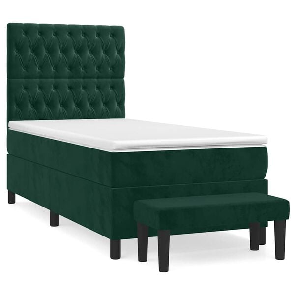 vidaXL Pat box spring cu saltea, verde &icirc;nchis, 90x200 cm, catifea