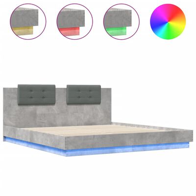vidaXL Cadru de pat cu tăblie și lumini LED, gri beton, 160x200 cm