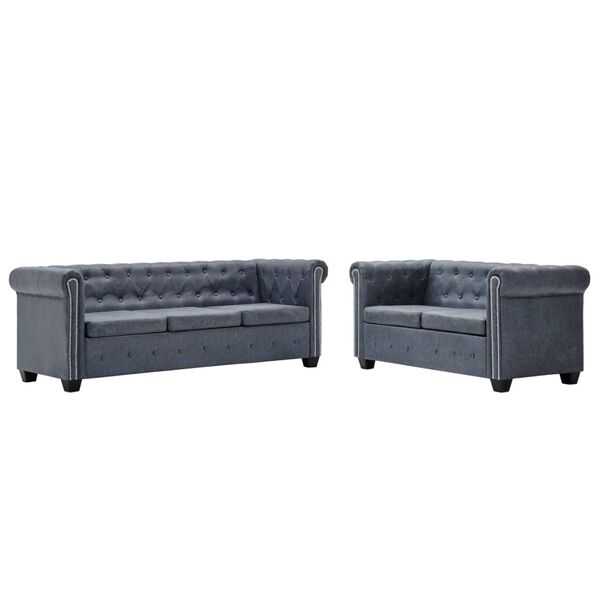 vidaXL Set canapea Chesterfield, piele &icirc;ntoarsă ecologică, gri