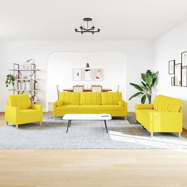 vidaXL Set de canapele cu perne rulou, 3 piese, galben deschis, textil