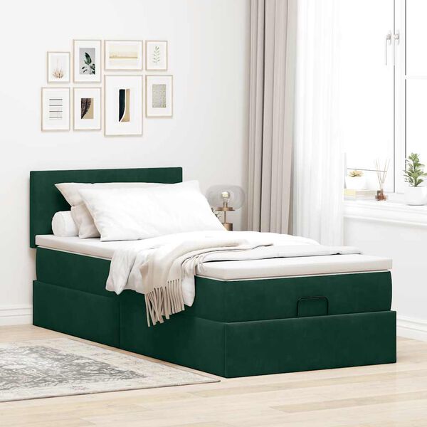 vidaXL Cadru de pat otoman cu saltea verde &icirc;nchis 90x190cm catifea