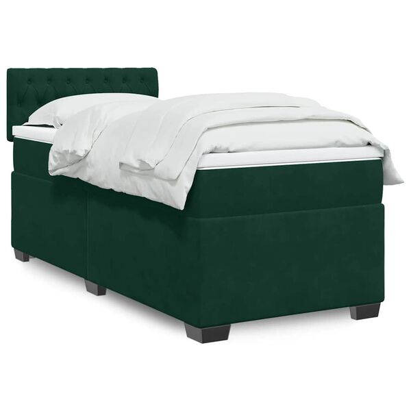 vidaXL Pat box spring cu saltea, verde &icirc;nchis, 90x200 cm, catifea