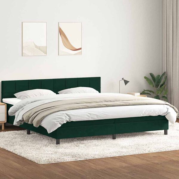 vidaXL Pat box spring cu saltea, verde &icirc;nchis, 200x210 cm, catifea