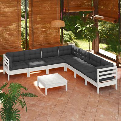 vidaXL Set mobilier de grădină cu perne, 8 piese, alb, lemn masiv pin