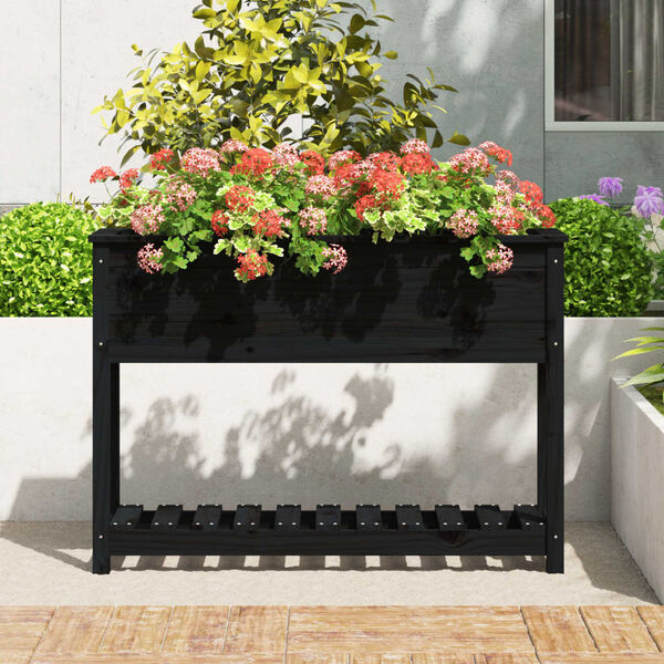 vidaXL Jardinieră cu raft, negru, 111,5x34,5x81 cm, lemn masiv de pin
