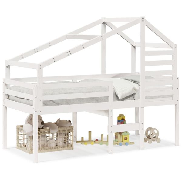 vidaXL Pat înalt cu acoperiș, alb, 90x200 cm, lemn masiv de pin