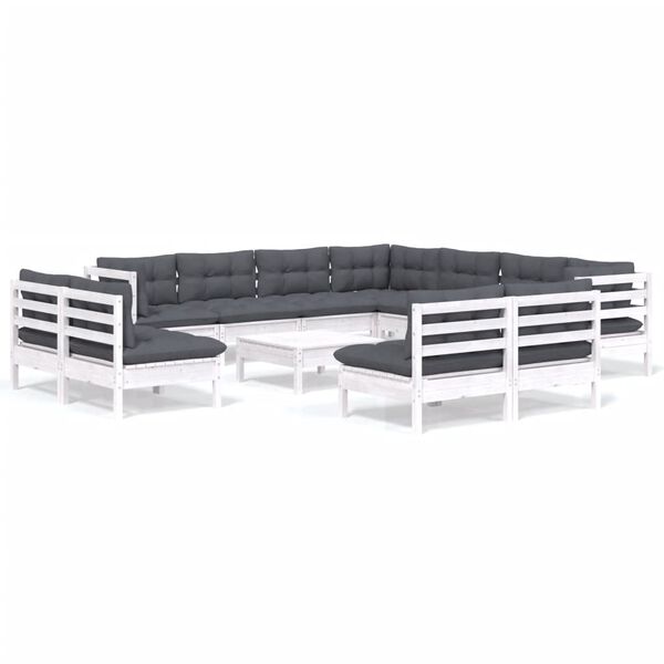 vidaXL Set mobilier grădină cu perne, 12 piese, alb, lemn masiv pin