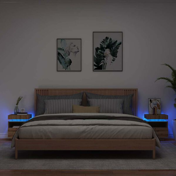 vidaXL Noptiere cu lumini LED, 2 buc., stejar artizanal, 40x39x48,5 cm