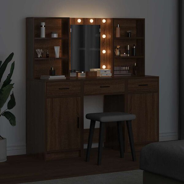 vidaXL Set masă toaletă cu LED, 3 piese, stejar maro, lemn prelucrat
