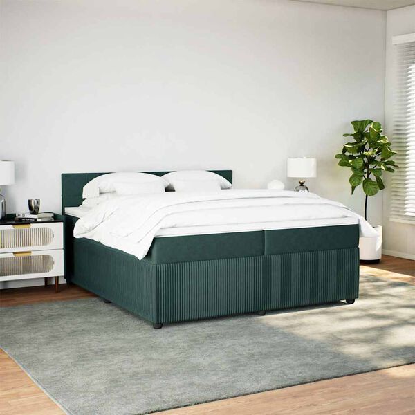 vidaXL Pat box spring cu saltea, verde &icirc;nchis, 200x200 cm, catifea