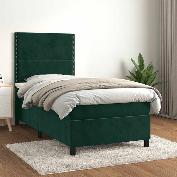 vidaXL Pat box spring cu saltea, verde &icirc;nchis, 90x200 cm, catifea
