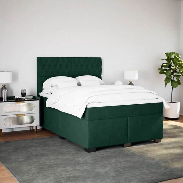vidaXL Pat box spring cu saltea, verde &icirc;nchis, 140x200 cm, catifea