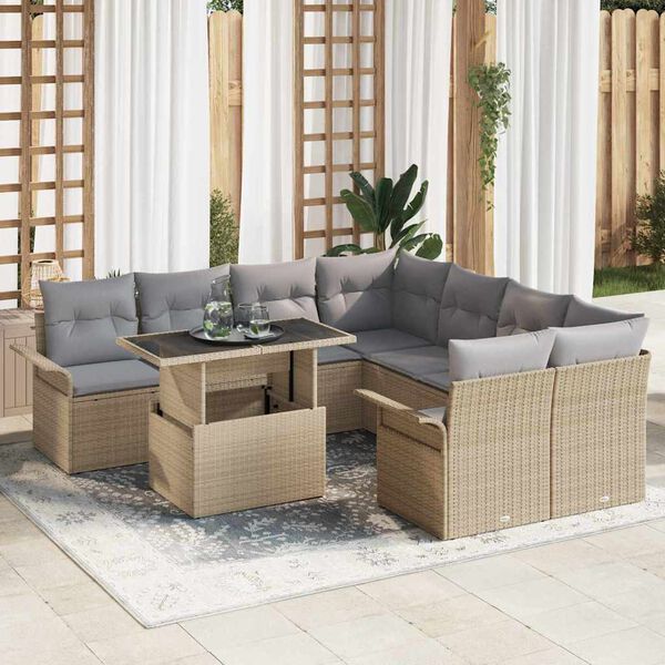 vidaXL Set de canapele pentru grădină cu pernă 9 pcs Bej Poli Rattan