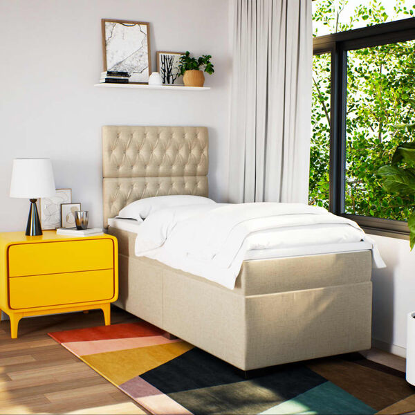 vidaXL Pat box spring cu saltea, crem, 90x200 cm, textil