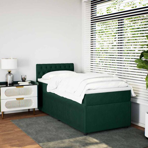 vidaXL Pat box spring cu saltea, verde &icirc;nchis, 90x190 cm, catifea
