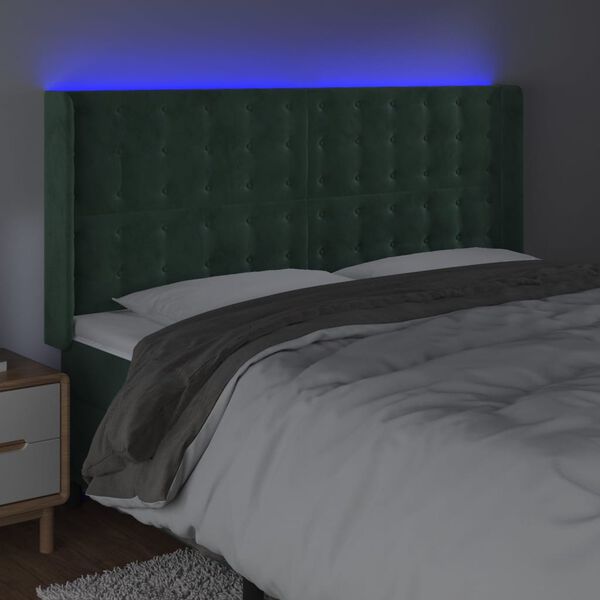 vidaXL Tăblie de pat cu LED, verde &icirc;nchis, 163x16x118/128 cm, catifea