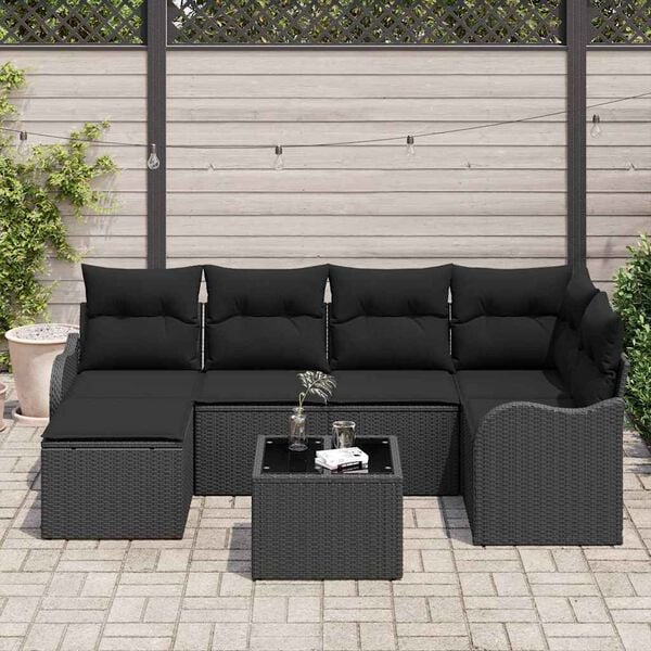 vidaXL Set de canapele pentru grădină cu pernă 7 pcs Negru Rattan poli
