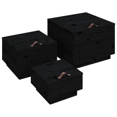 vidaXL Cutii de depozitare cu capace 3 buc. negru lemn masiv de pin