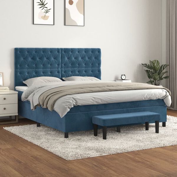 vidaXL Pat box spring cu saltea, albastru &icirc;nchis, 160x200 cm, catifea